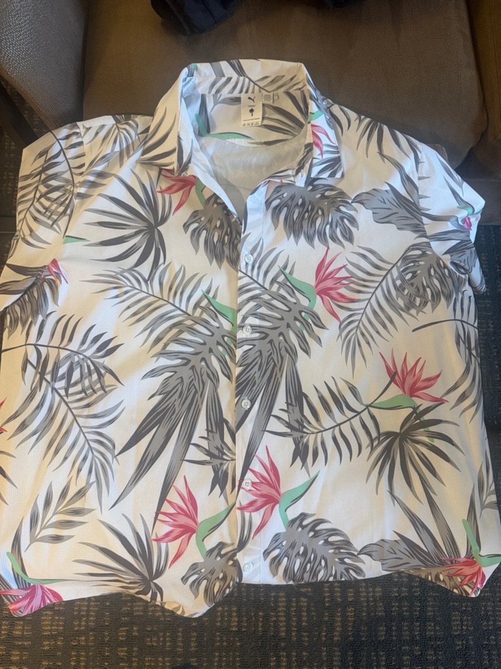 Puma White Tropical Print Button-Down Shirt with Gray and Pink Accents